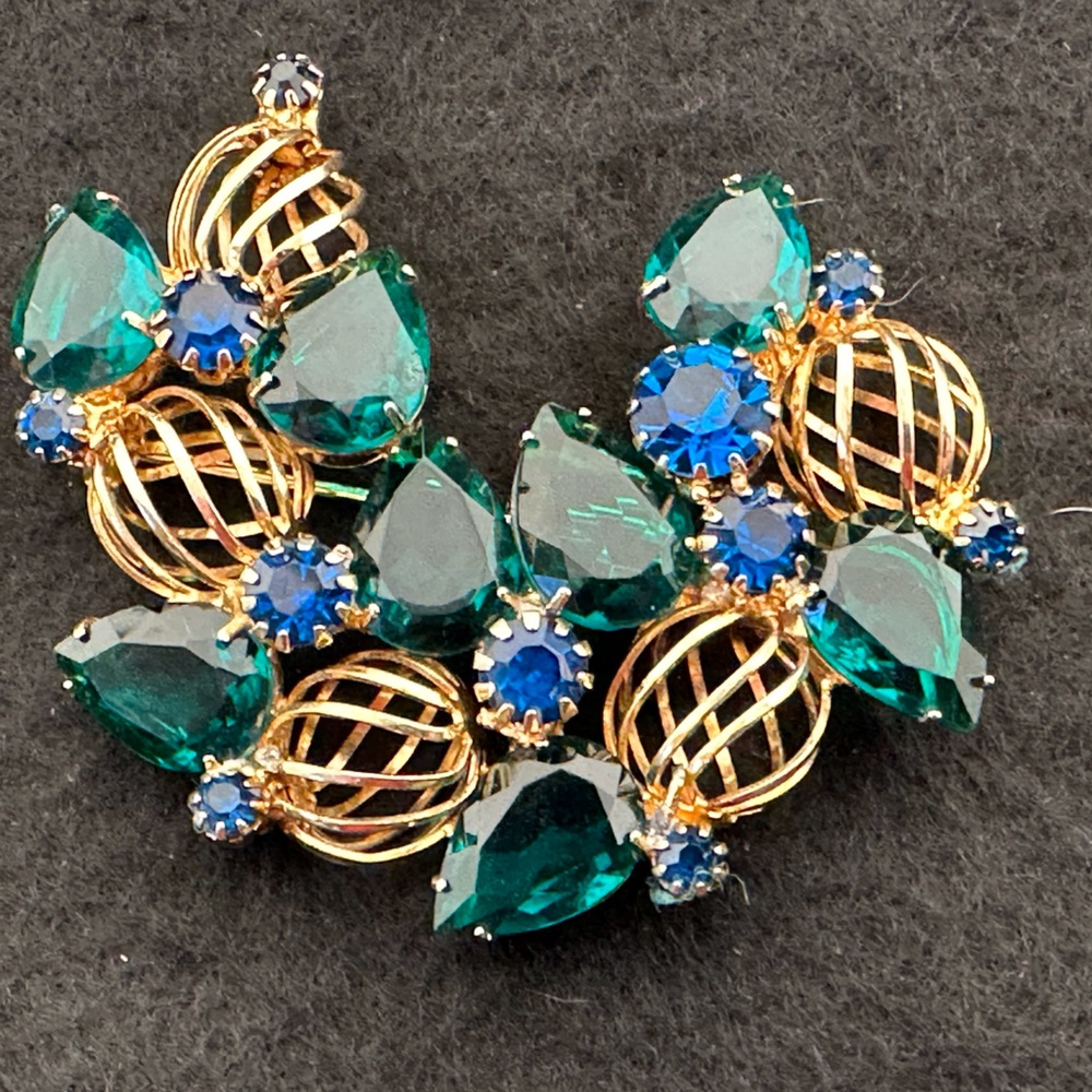 Vintage Brooch Bright Green and Blue Rhinestones with Holly spheres